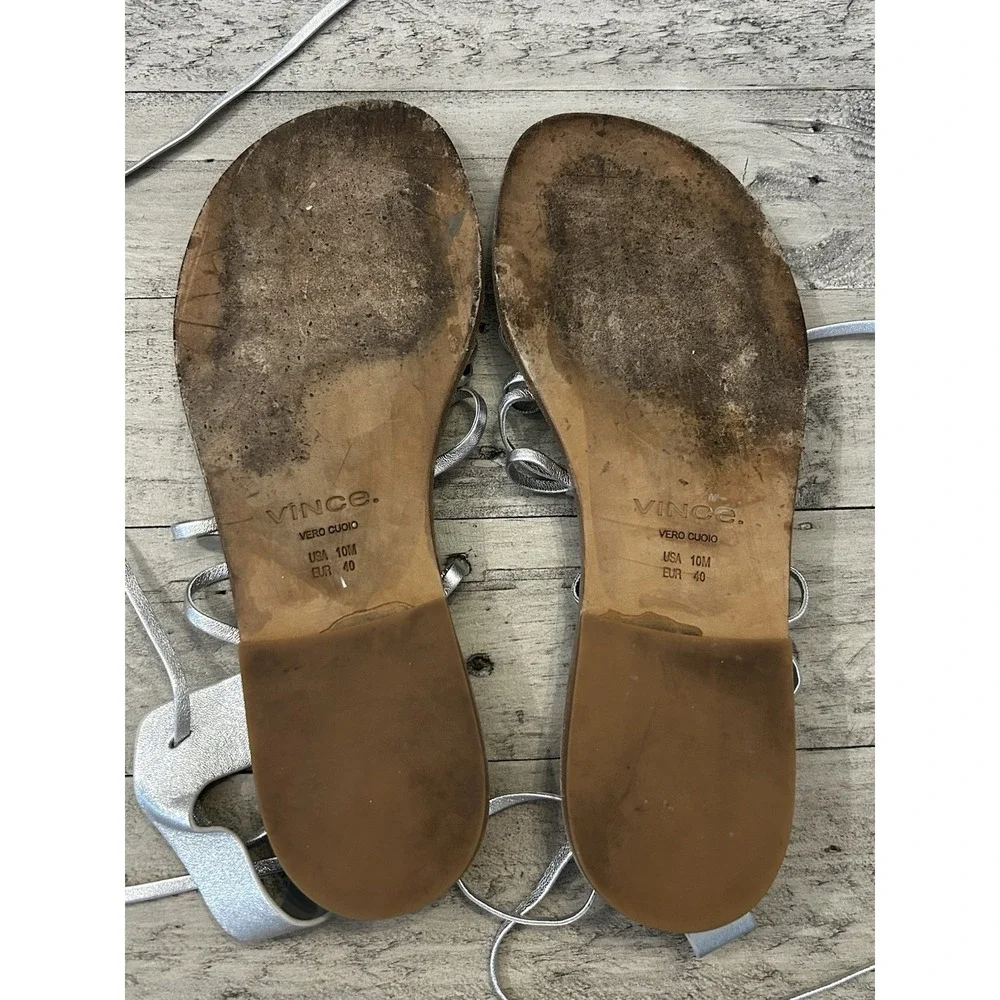 Vince Women's 10 Palmera‎ Silver Gladiator Flat Sandals Lace Ankle